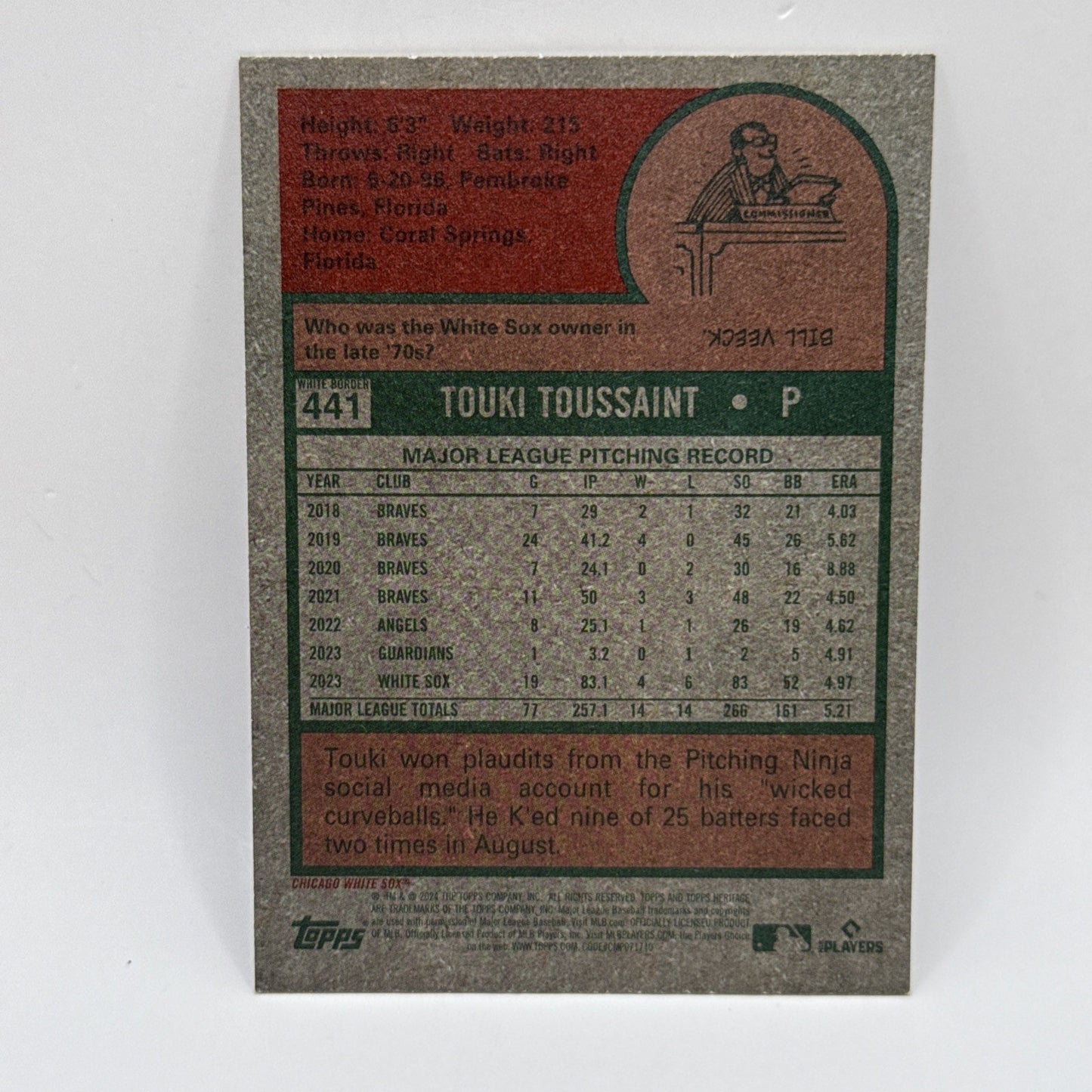 2024 Topps Heritage - White Border #441 Touki Toussaint MLB White Sox