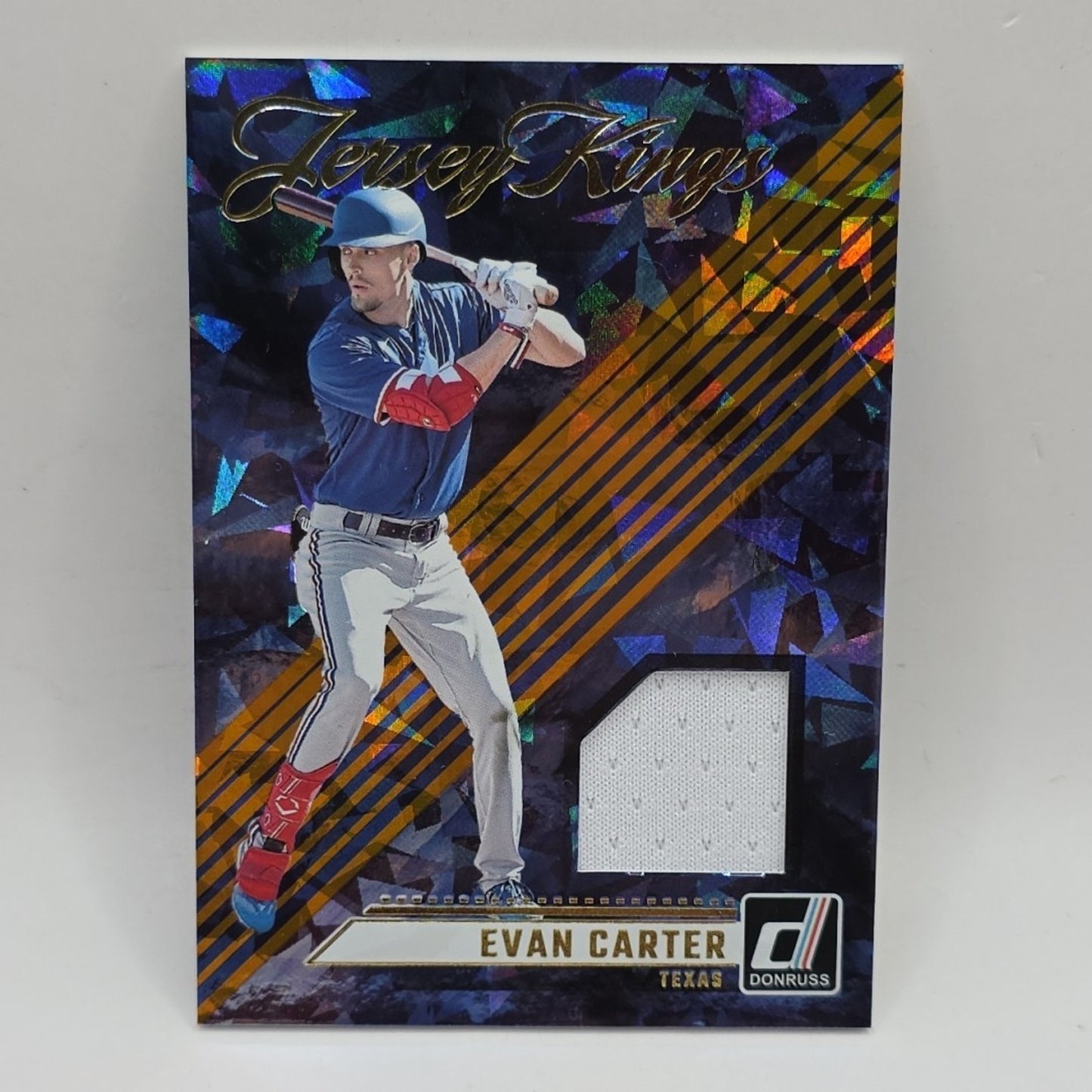 2024 Donruss Evan Carter Jersey Kings Patch Orange Ice Prizm RC Rangers MLB