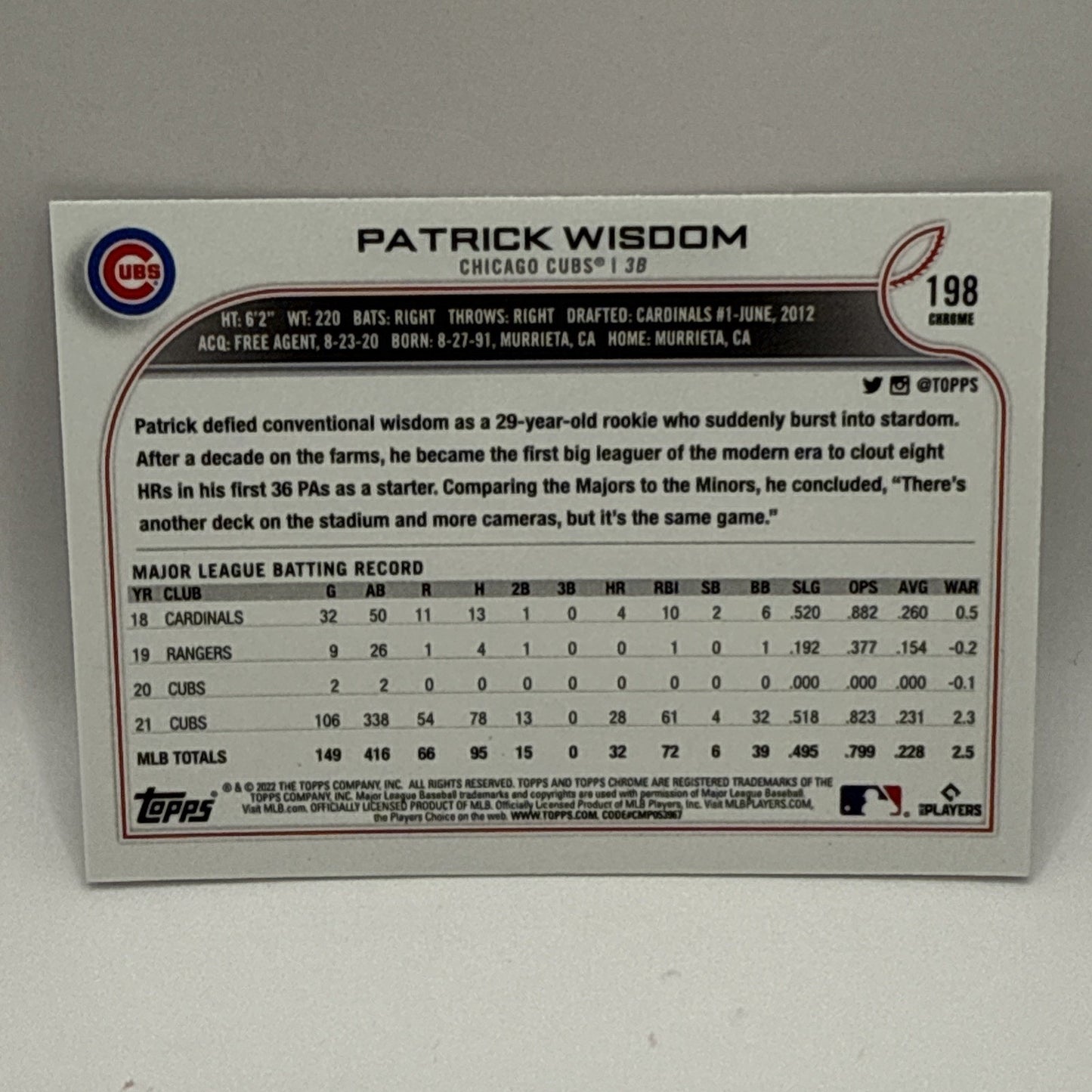 2022 Topps Chrome Sonic Prism Refractor - #198 Patrick Wisdom MLB Chicago Cubs