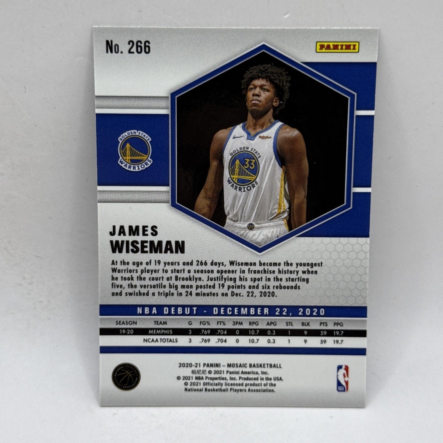 2020-21 Panini Mosaic #266 Silver JAMES WISEMAN Rookie NBA Debut RC Warriors