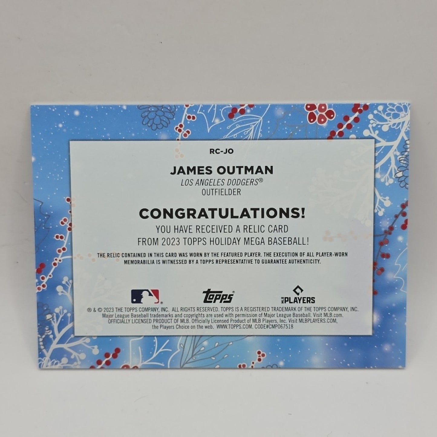 2023 Topps Holiday - Relics #RC-JO James Outman (MEM, RC) Los Angeles Dodgers