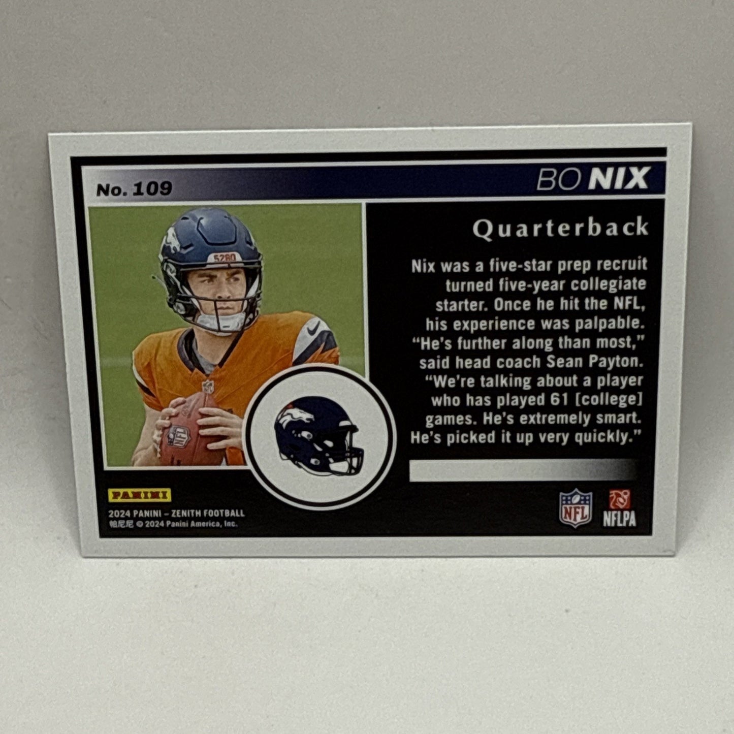 2024 Panini Zenith Bo Nix RC #109 Denver Broncos NFL Rookie QB Card