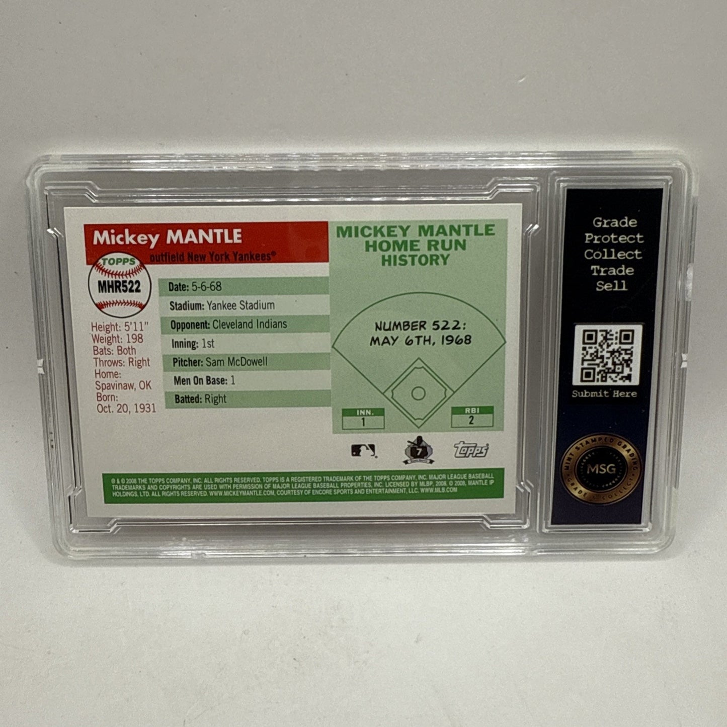 2008 Topps #MHR522 Mickey Mantle Mickey Mantle Home Run History Graded 8