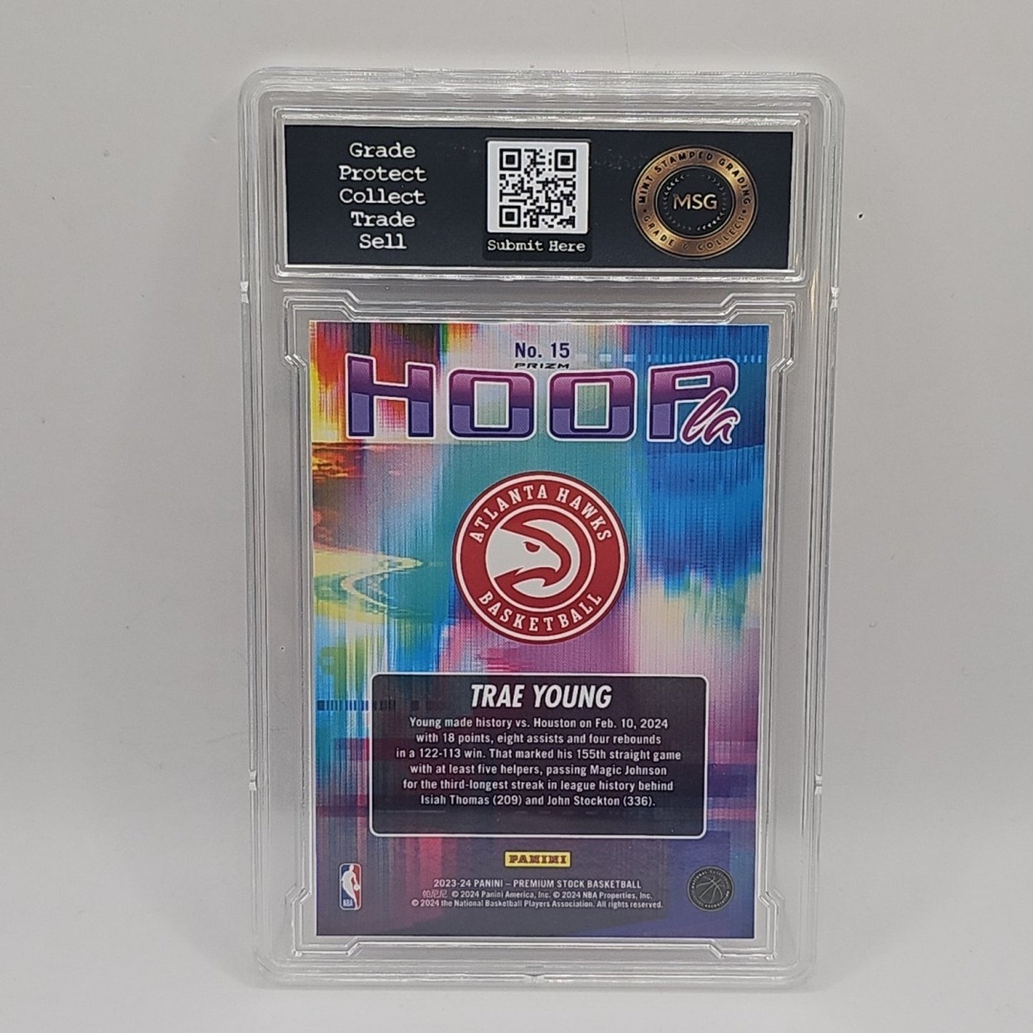 Trae Young Hoopla 2023-24 Panini NBA Hoops Premium Stock #15 Silver Graded 9