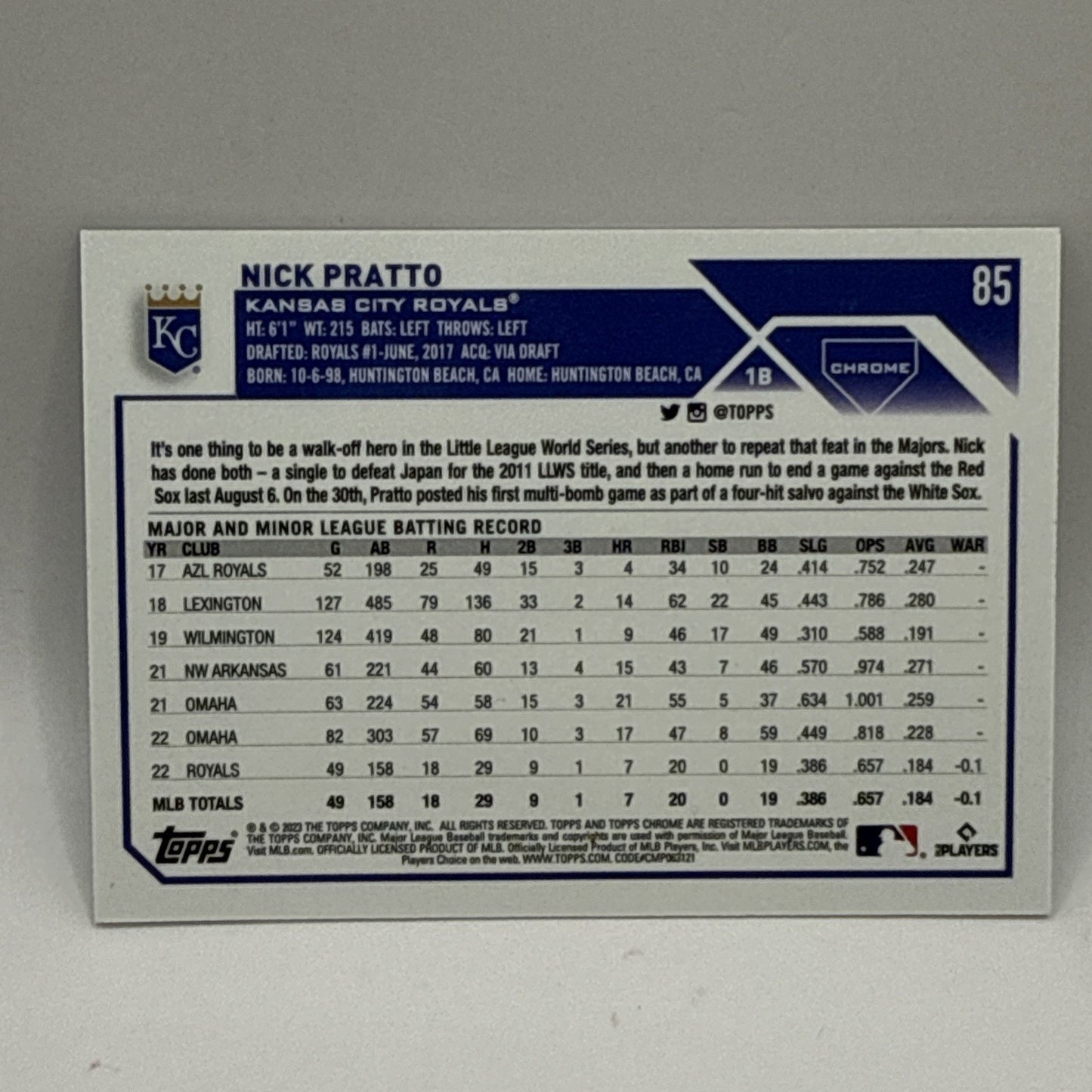 2023 Topps Chrome #85 Nick Pratto Aqua Refractor RC /199 Rookie KC Royals