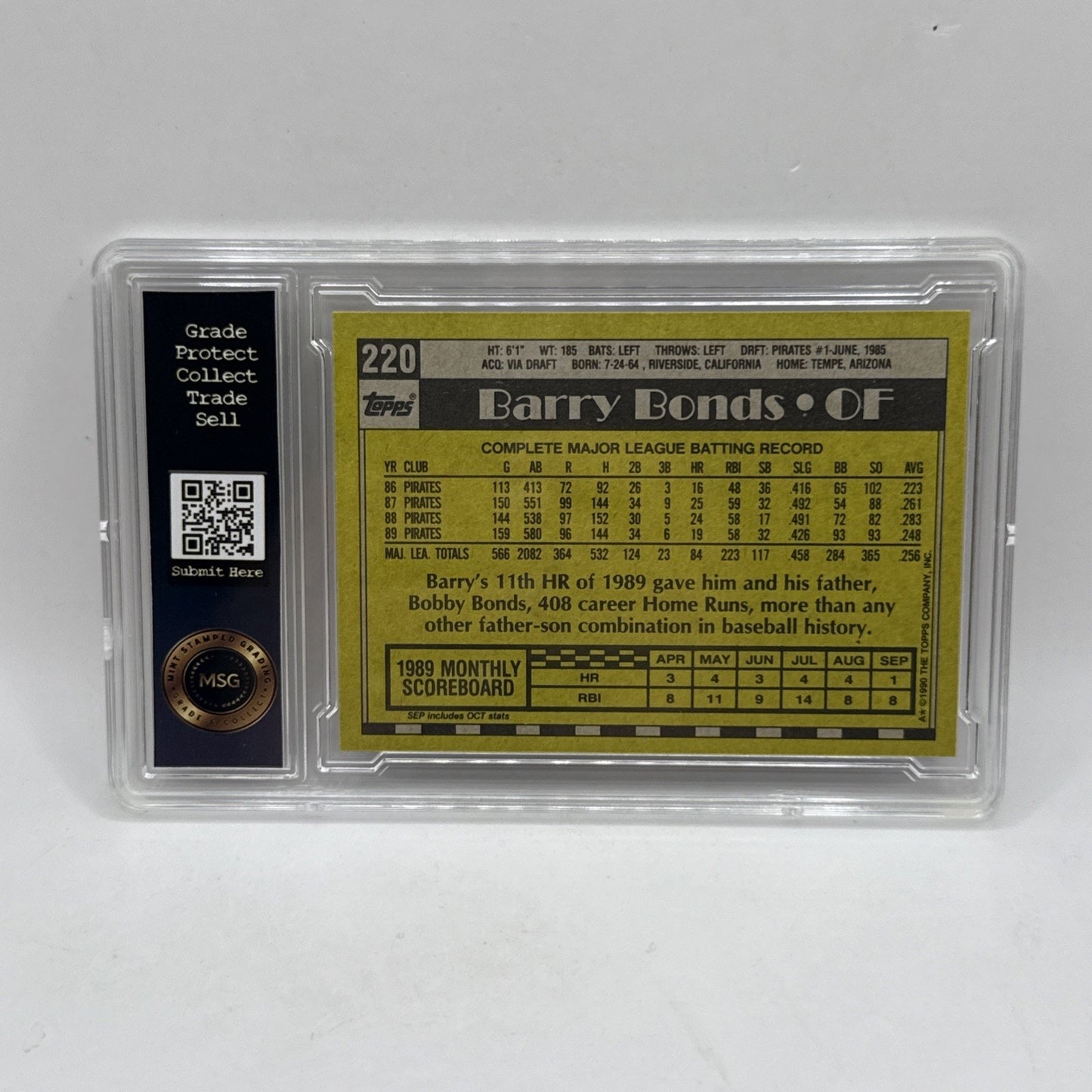 1990 Topps Barry Bonds Baseball Card #220 Pittsburgh Pirates Graded 7 NM Vintage