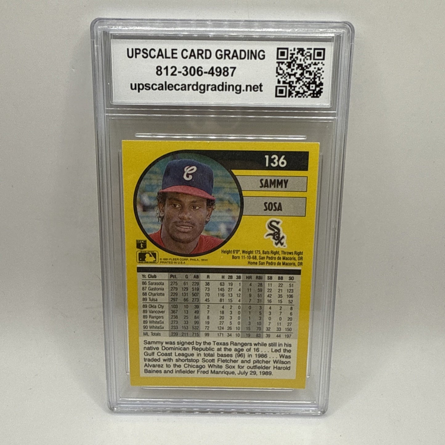 1991 Fleer #136 Sammy Sosa Chicage White Sox MLB Graded 10 Gem Mint