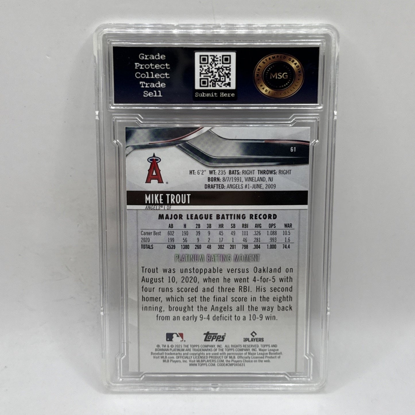 Mike Trout 2021 Bowman Platinum #61 Los Angeles Angels Graded 9 Mint MLB Card