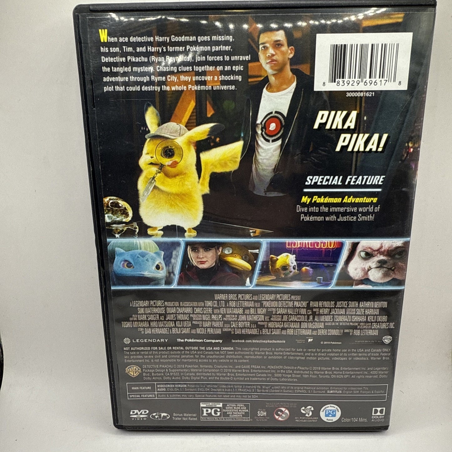 Pokémon Detective Pikachu DVD Movie - Ryan Reynolds - Justice Smith - Used
