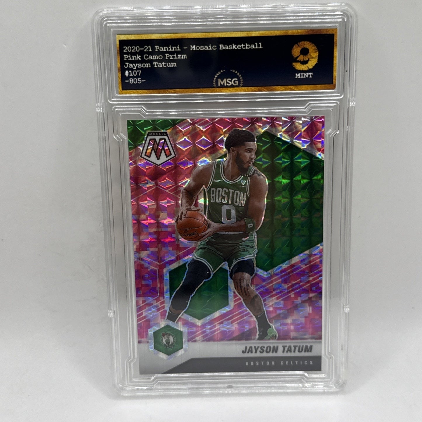 2020-21 Panini Mosaic Jayson Tatum Pink Prizm Variation No. 107 Graded 9 Mint