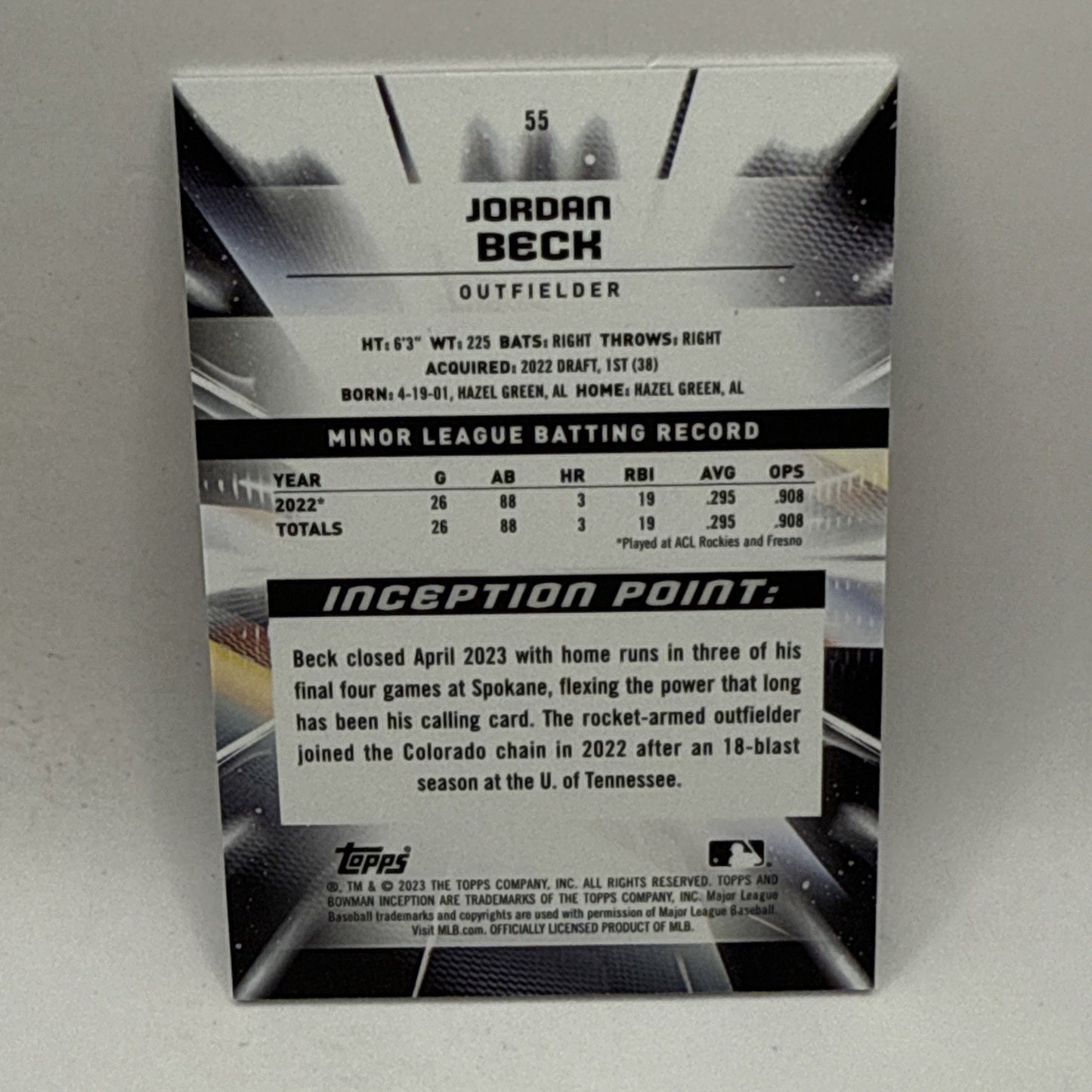 2023 BOWMAN INCEPTION JORDAN BECK CARD /75 MLB COLORADO ROCKIES
