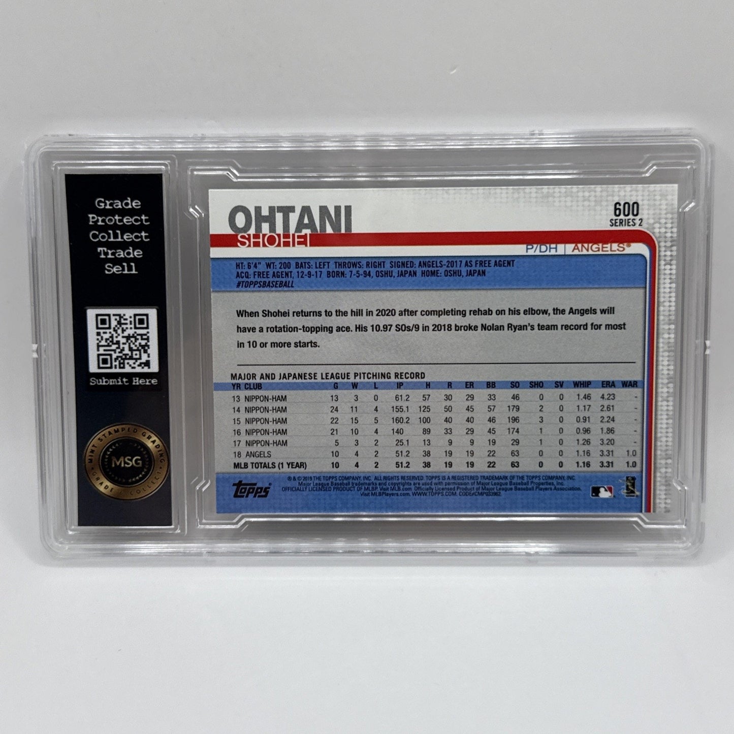 2019 Topps Shohei Ohtani #600 Topps Rookie Gold Cup Graded 9 Angels Dodgers