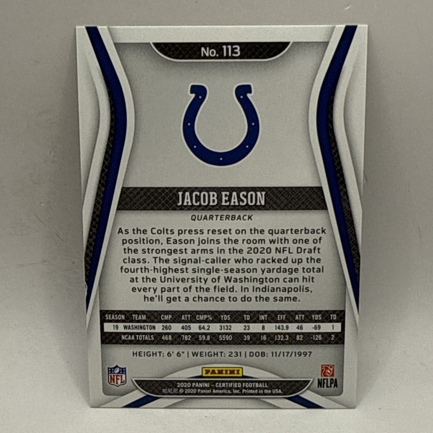 2020 Panini Certified Jacob Eason White Parallel RC #113 - SP /399 - 1st Print!