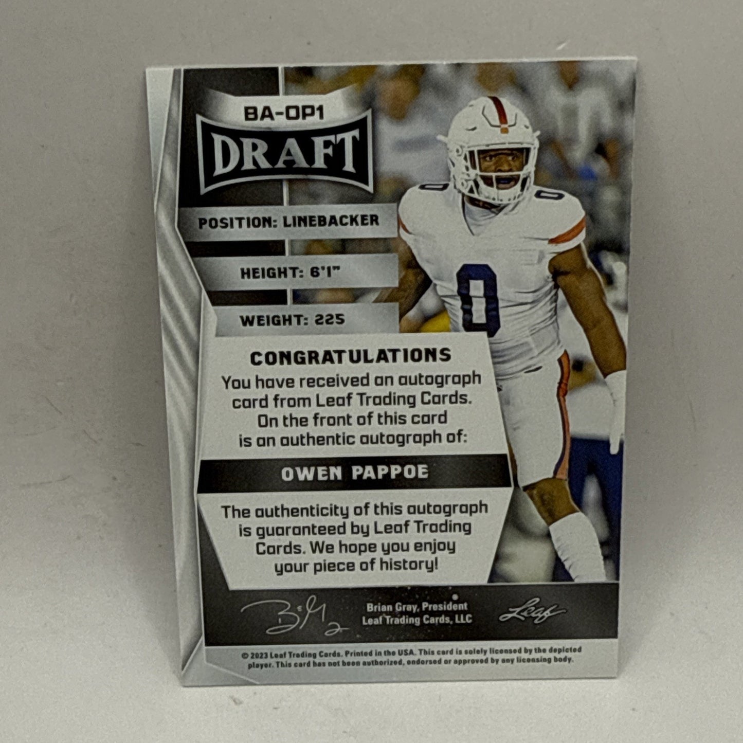 2023 Leaf Draft Football Owen Pappoe BA-OP1 Rookie Auto NFL Arizona Cardinals