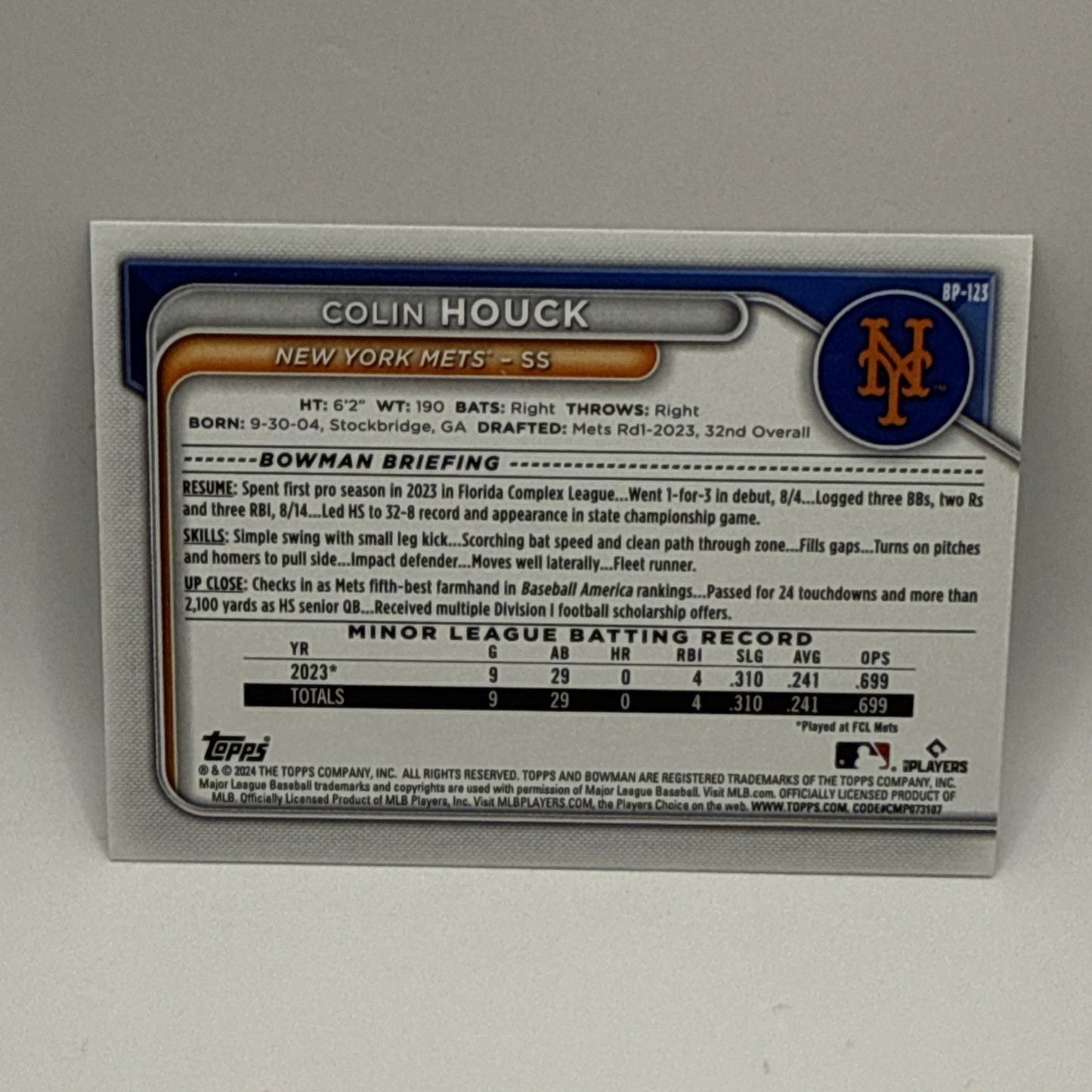 2024 Colin Houck Bowman Green Pattern /99 New York Mets #BP-123 (1st Print) MLB