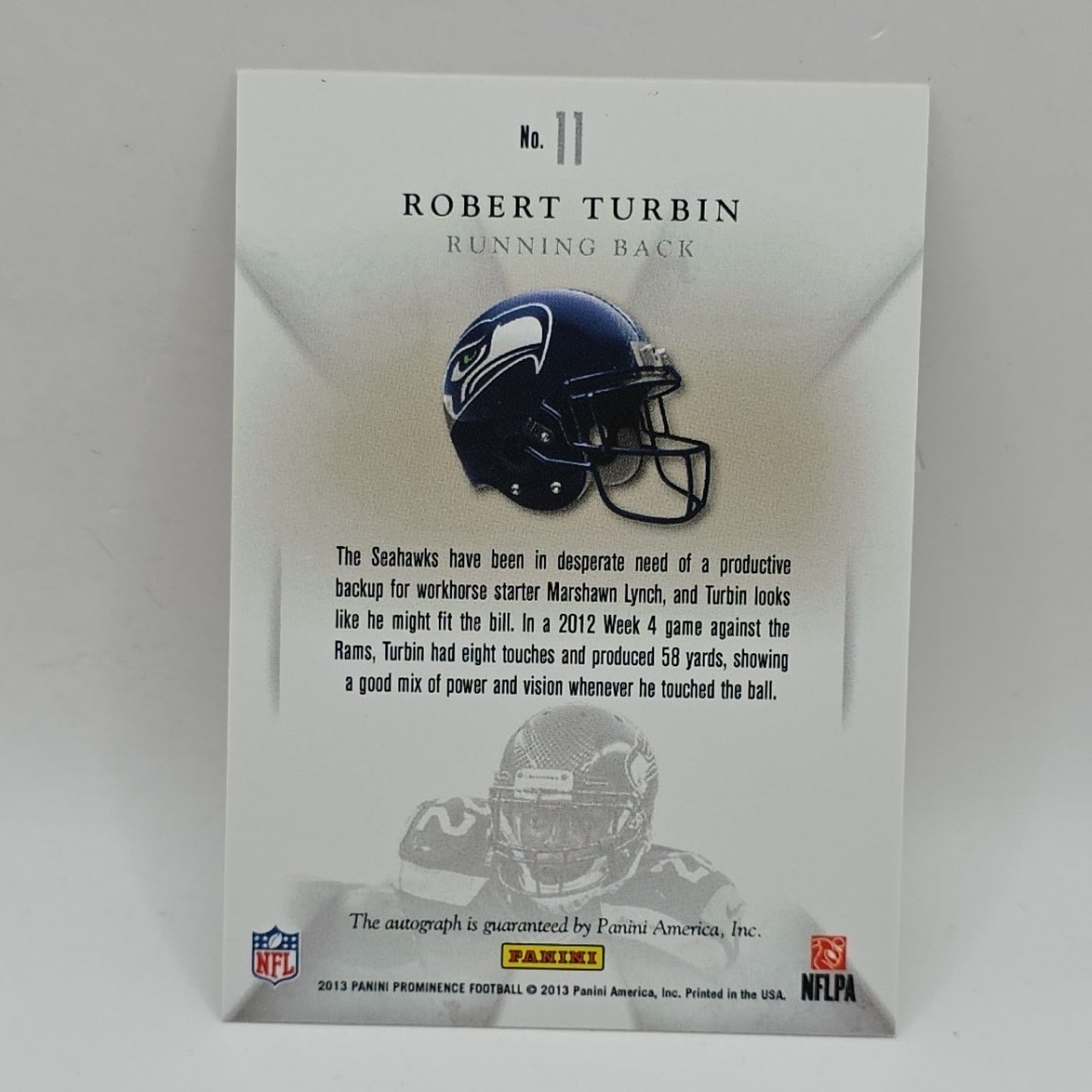 2012 Panini Prominence #11 Robert Turbin RC Auto #'d /999 NFL Seahawks Football