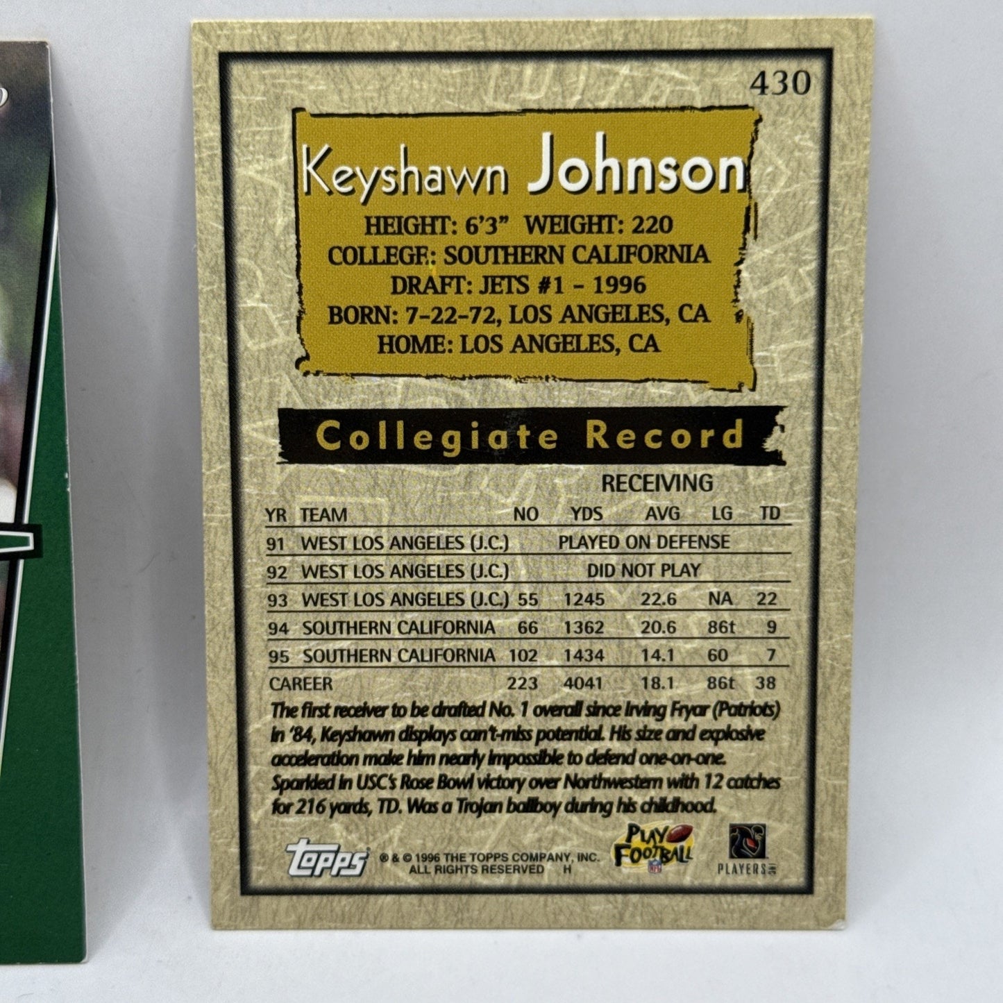 1996 Topps Rookie RC Keyshawn Johnson #430 New York Jets Vintage NFL Cards