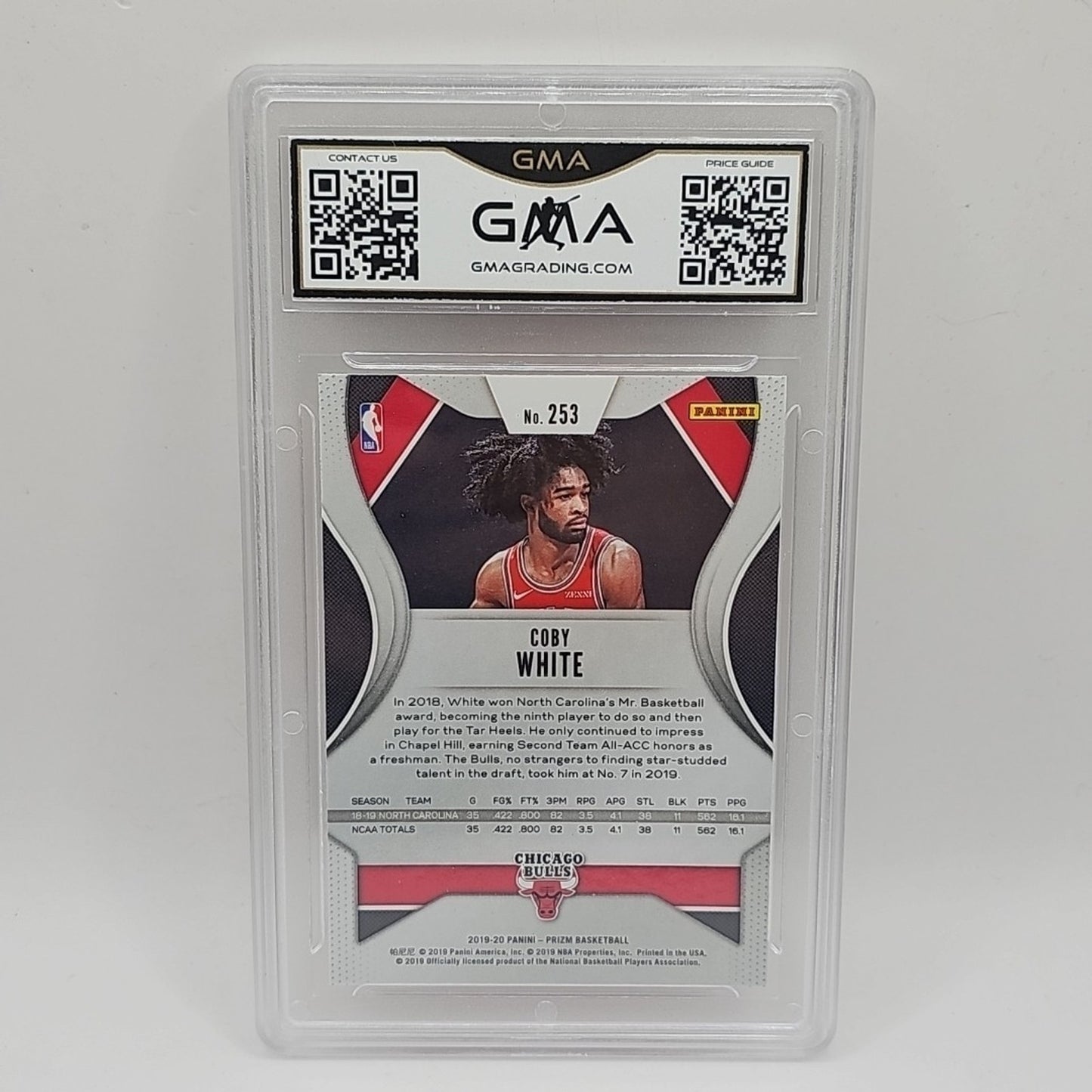 2019-20 Panini Prizm Basketball Card #253 Coby White RC Chicago Bulls Graded 10