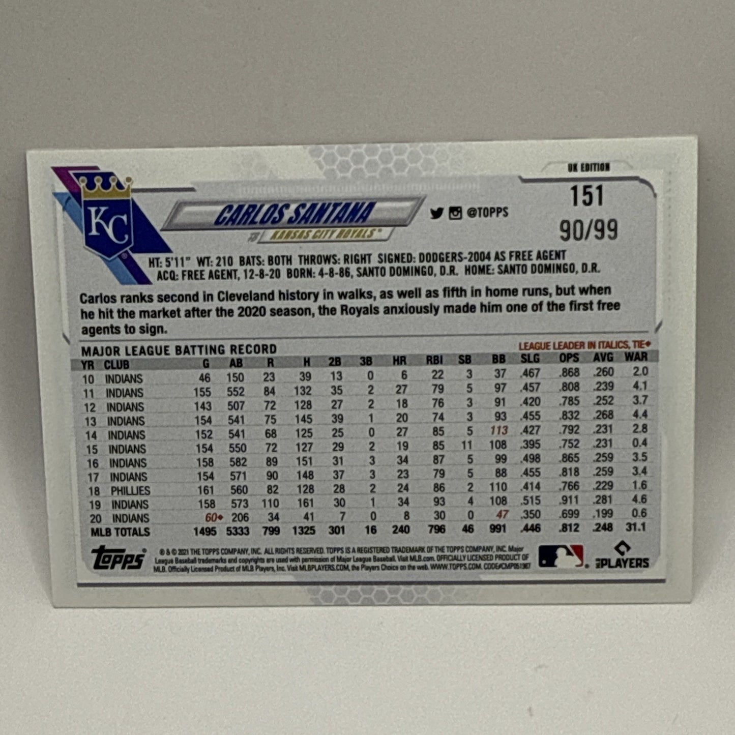 2021 Topps 70th UK CARLOS SANTANA Big Ben Parallel #151 SP /99 Royals