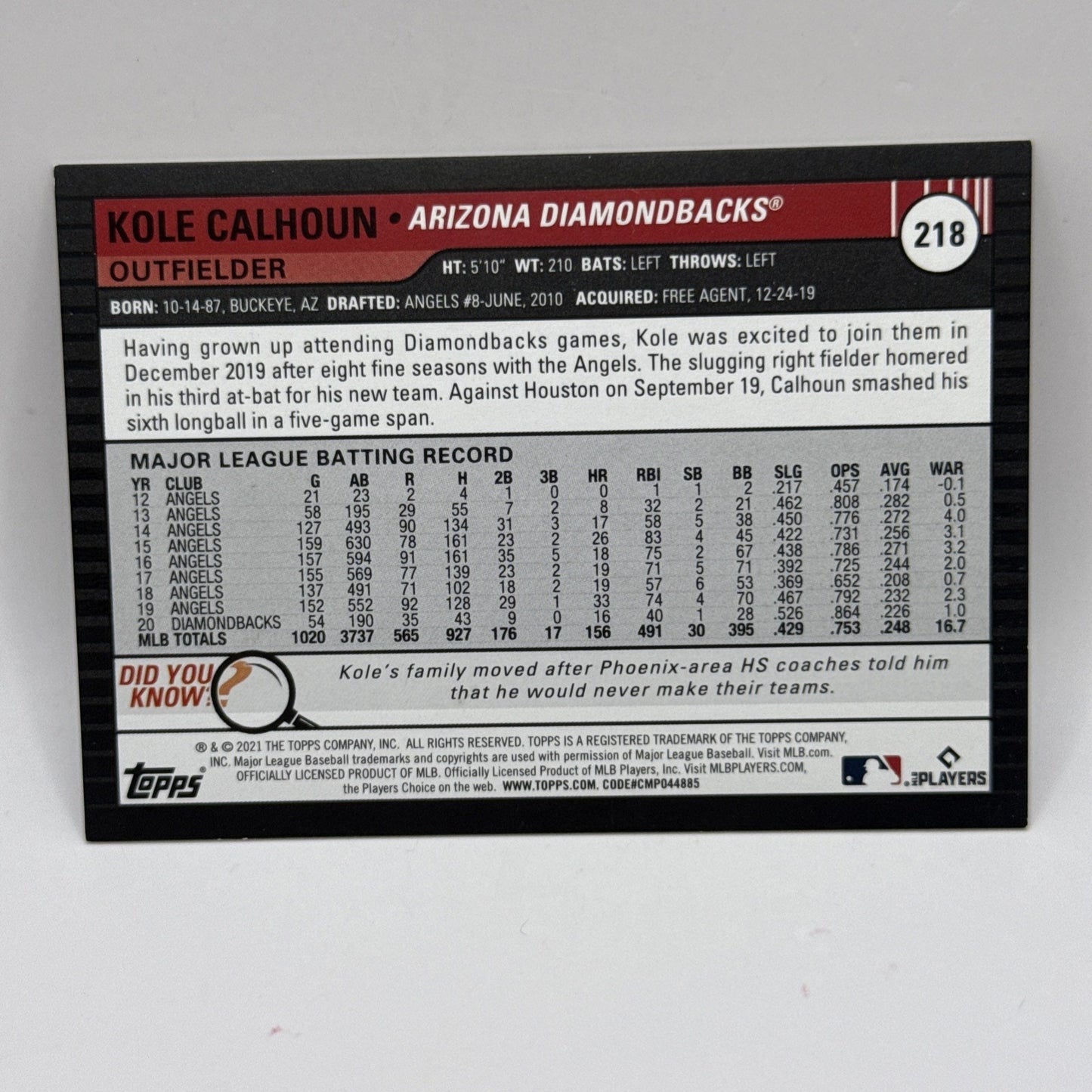 2021 Topps big league baseball Kole Calhoun Diamondbacks Rainbow Foil /199
