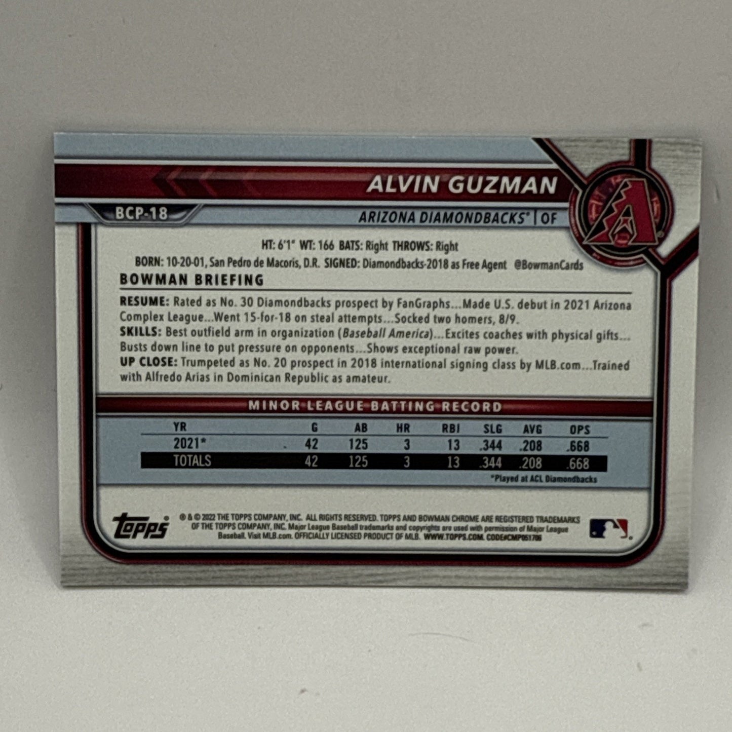 Alvin Guzman 2022 Bowman Chrome 1st Purple Lava /250 #BCP-18 AZ DBacks