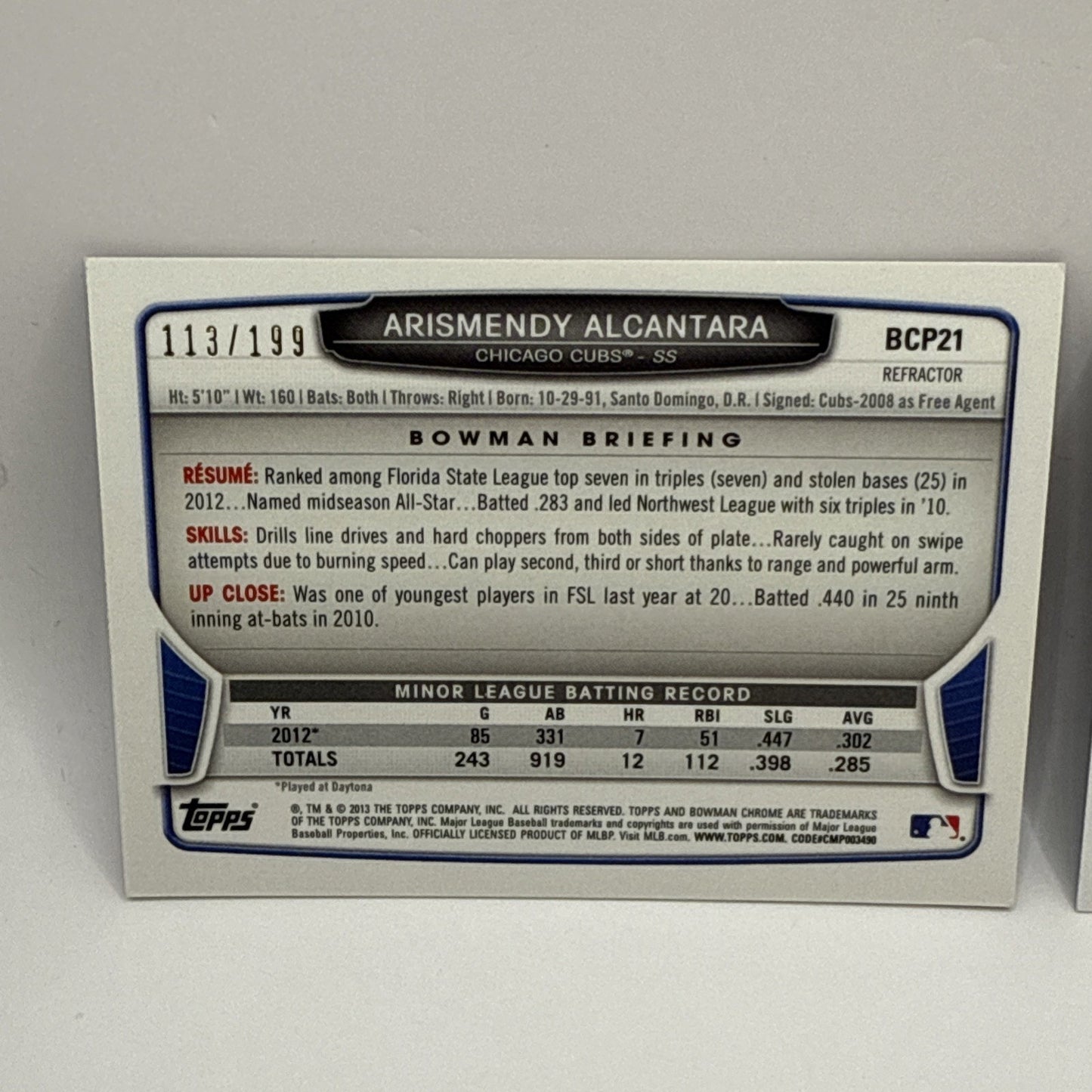 ARISMENDY ALCANTARA 2013 BOWMAN CHROME #BCP21 ROOKIE REFRACTORS /199 & /500 Sp