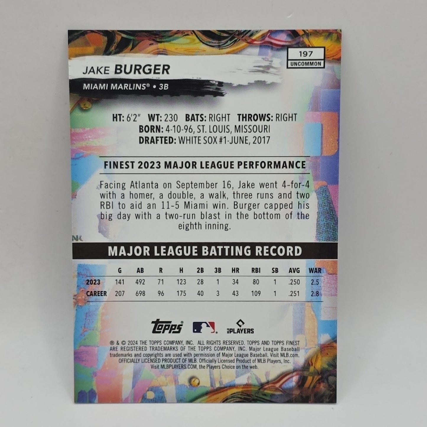 2024 Topps Finest JAKE BURGER #197 - SKY Blue Refractor /250 - Miami Marlins