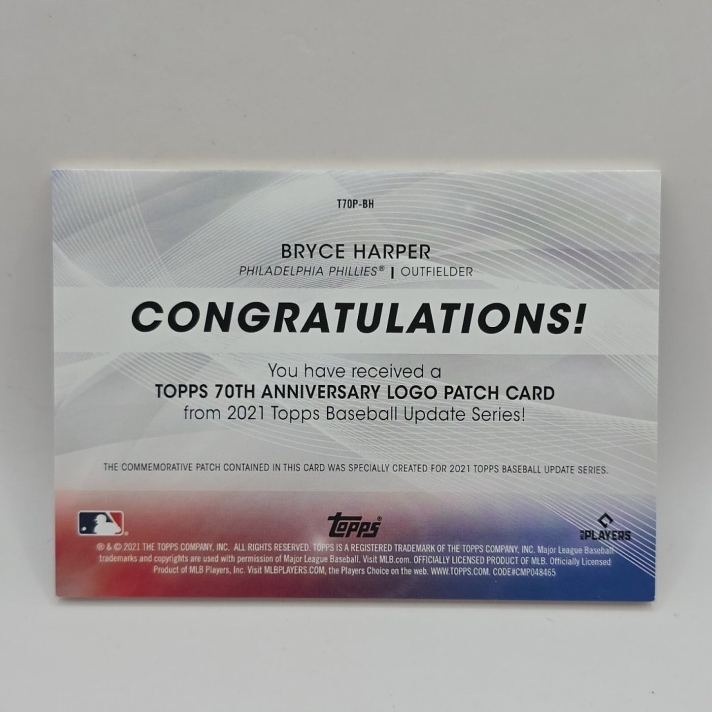 2021 Topps Update Bryce Harper 70th Anniversary Logo Patch #T70P-BH MLB Phillies