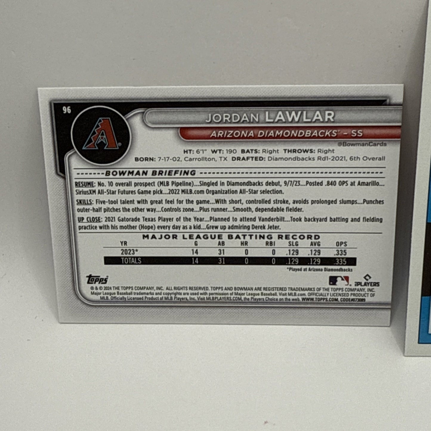 2024 Bowman Jordan Lawler RC Arizona Diamondbacks #96 Rookie And Foil Card