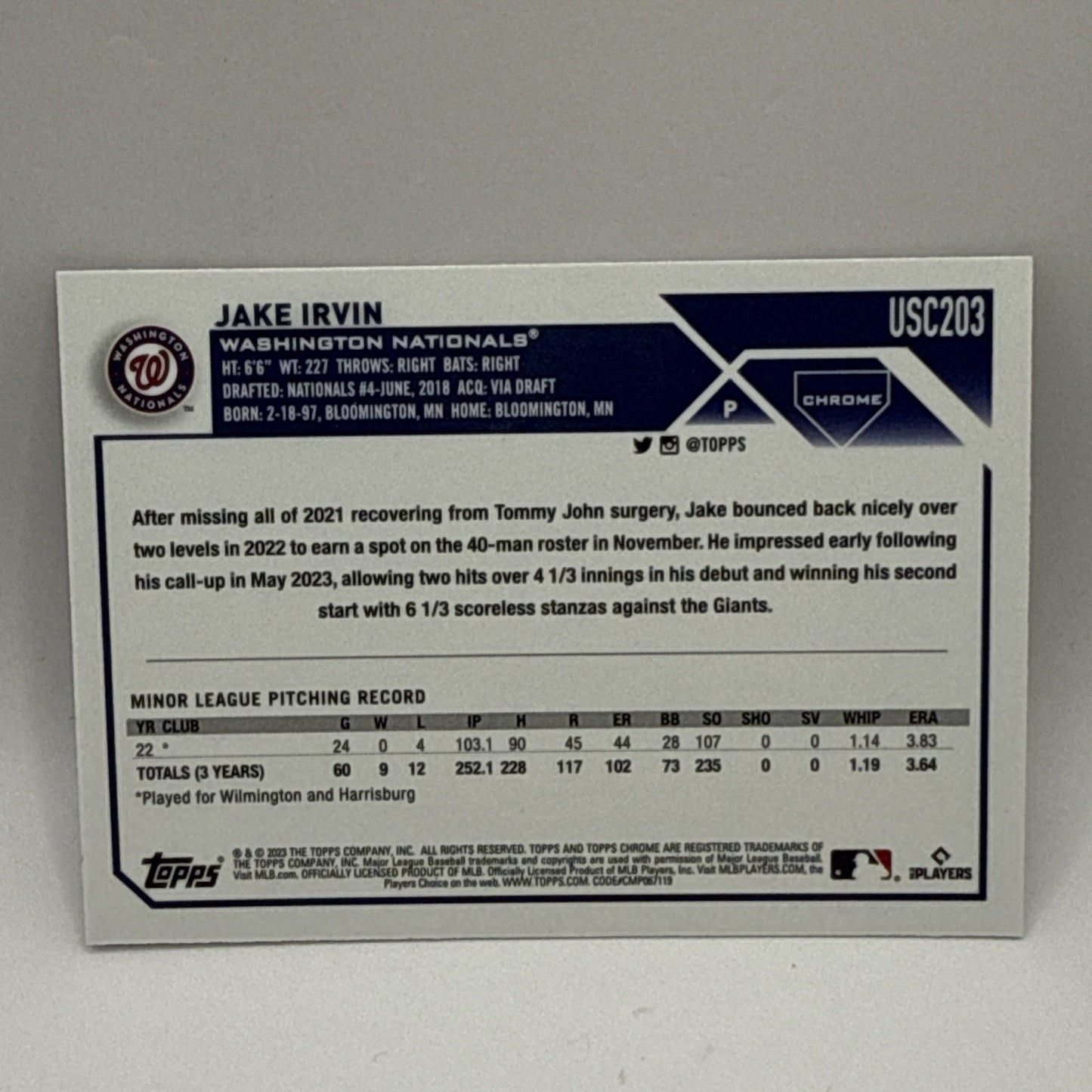 Jake Irvin 2023 Topps Chrome Update Negative Refractor RC #USC203 Nationals