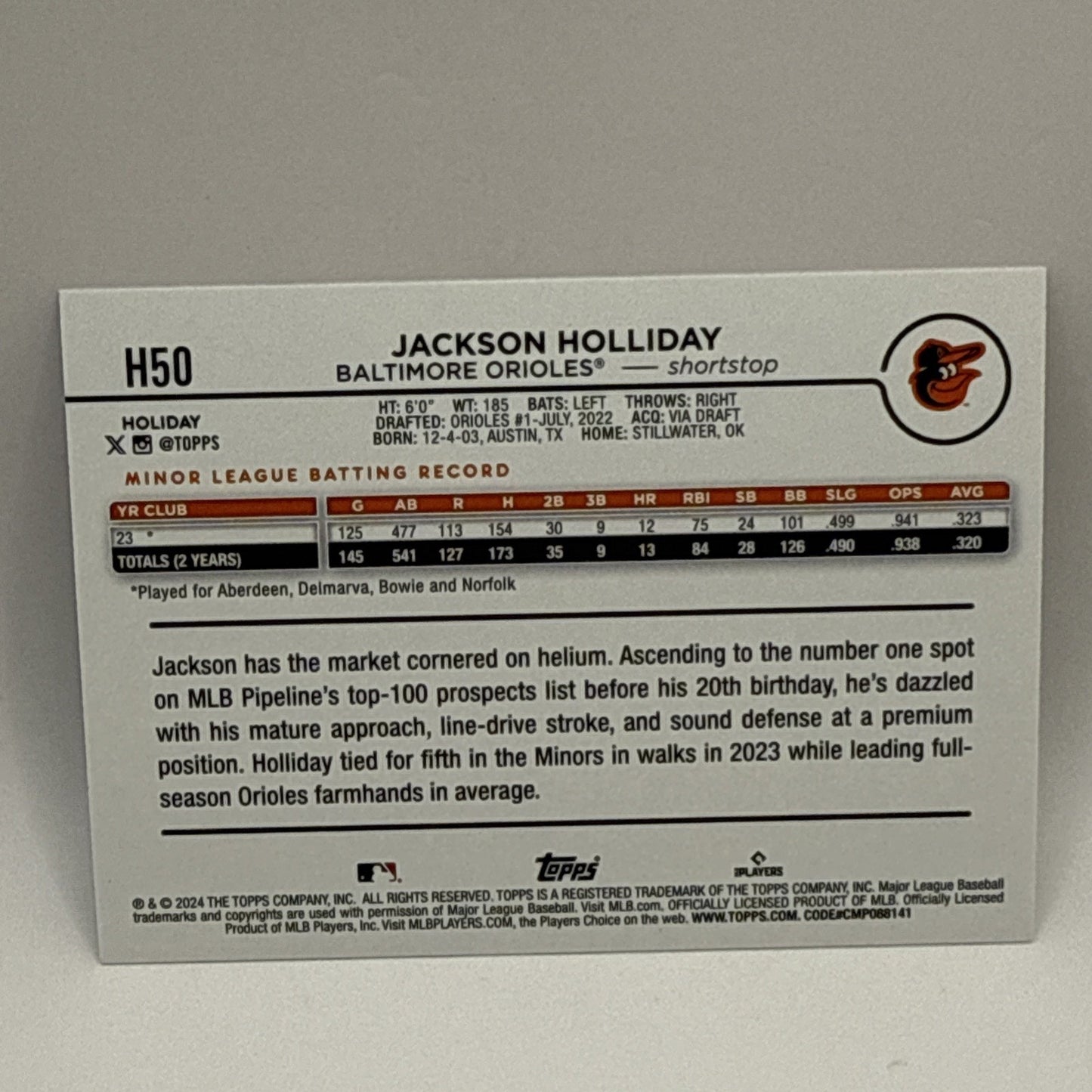 2024 Topps Holiday Jackson Holliday RC Baltimore Orioles Rookie #H50