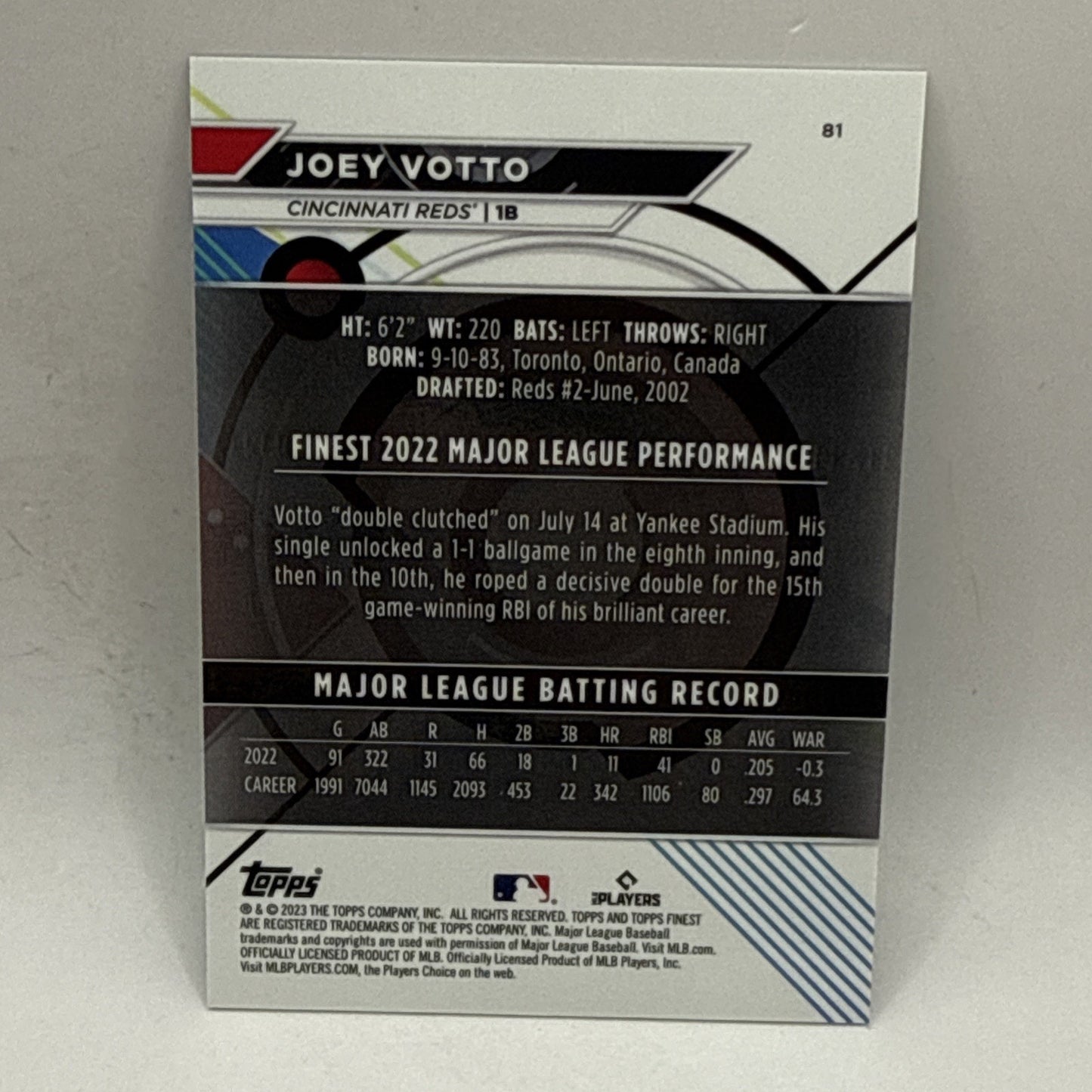 2023 Topps Finest #81 Joey Votto Green Raywave Refractor #/99 Red SP Card HOF