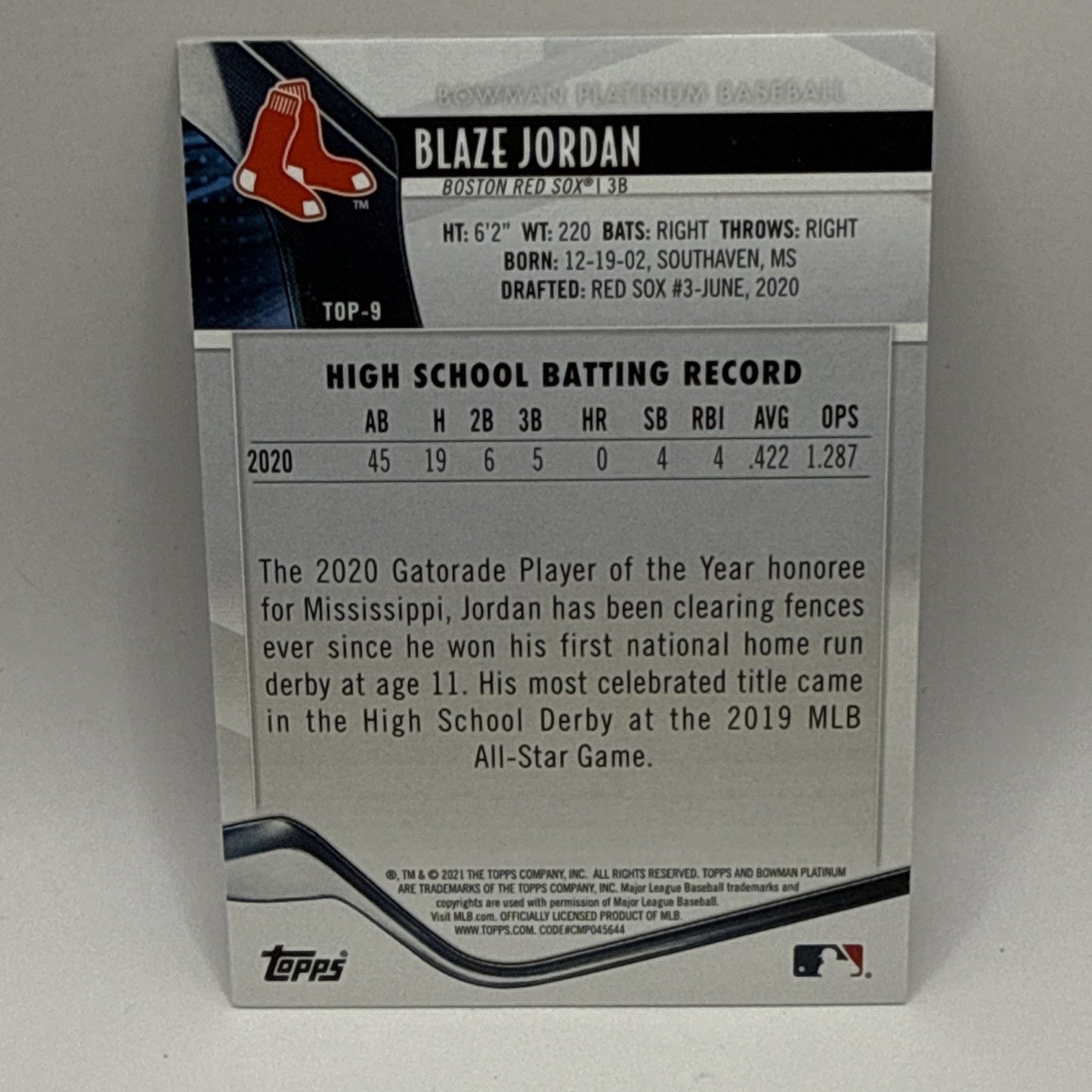 2021 Topps Bowman Platinum Ice Blaze Jordan Boston Red Sox TOP-9 Prospect Rookie