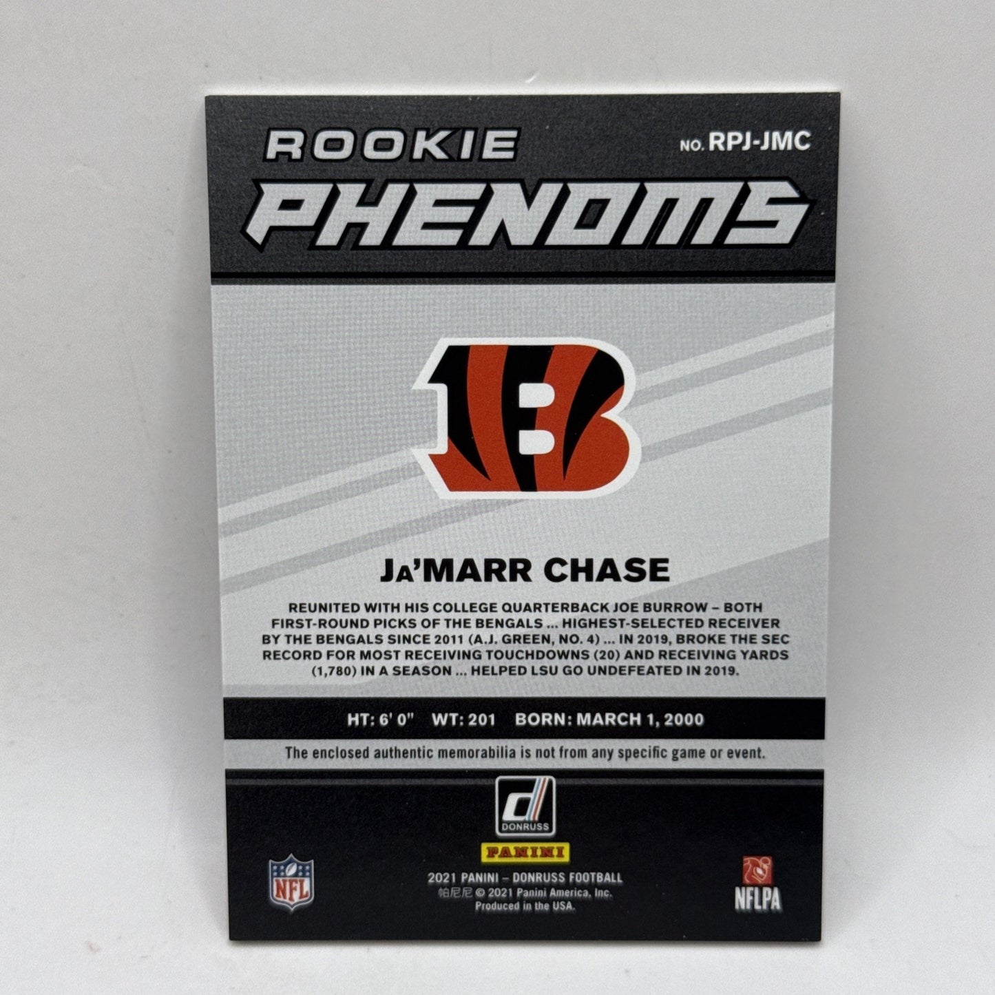 2021 Panini Donruss - Rookie Phenom Jerseys Ja'Marr Chase #RPJ-JMC (MEM, RC) NFL