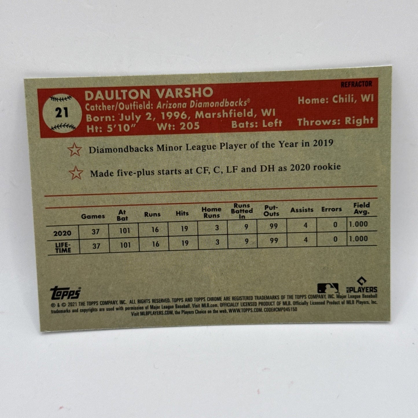 2021 Topps Chrome Platinum Anniversary - Daulton Varsho #21 Refractor (RC)
