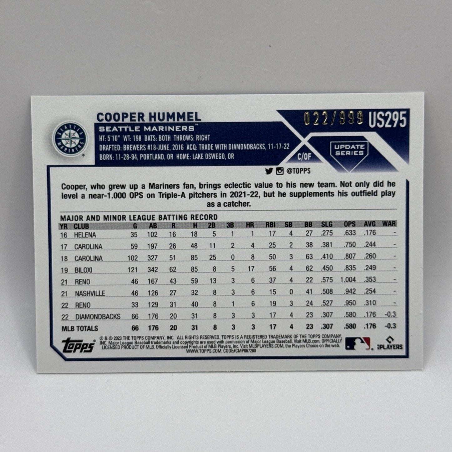 2023 Topps Update Blue Foil /999 #US295 Cooper Hummel Mariners BASEBALL Card MLB