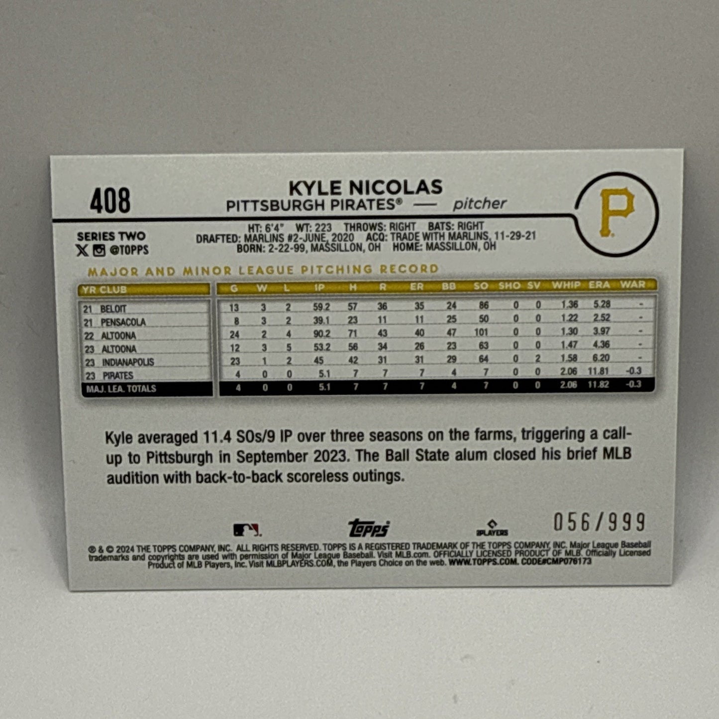 2024 Topps Series 2 - Blue Foil #408 Kyle Nicolas /999 (RC)