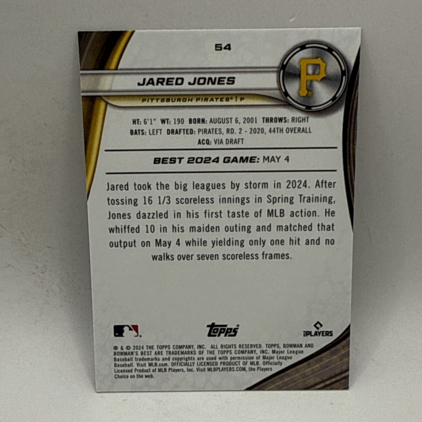 JARED JONES 2024 BOWMAN'S BEST ROOKIE PURPLE REFRACTOR PIRATES RC /250