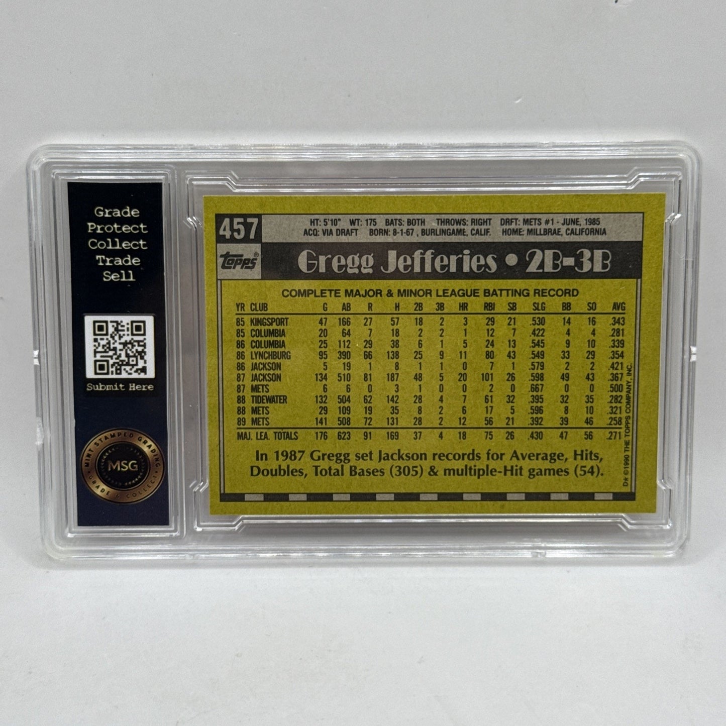 Gregg Jefferies New York Mets Topps All Star Rookie Cup 1990 Topps #457 Graded 6