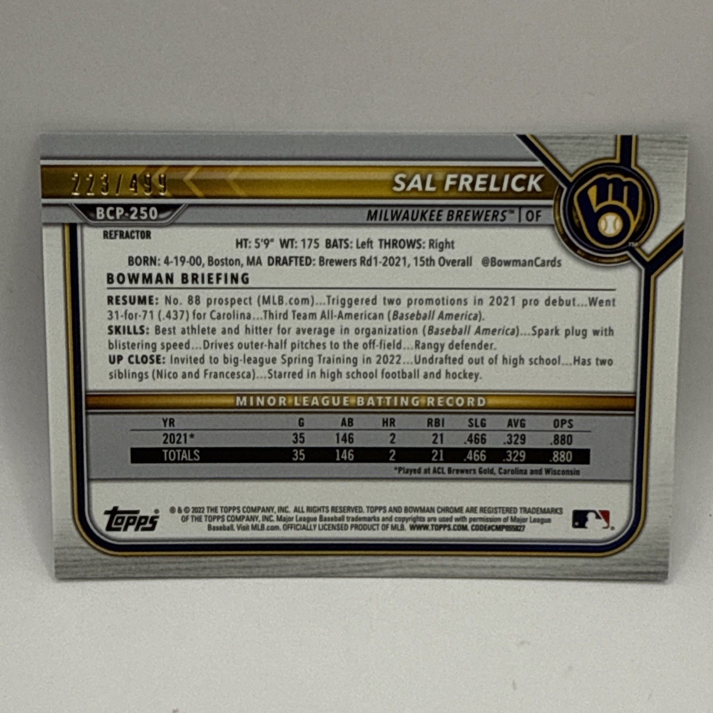 2022 Bowman Chrome Sal Frelick /499 Refractor #BCP-250 MLB Brewers