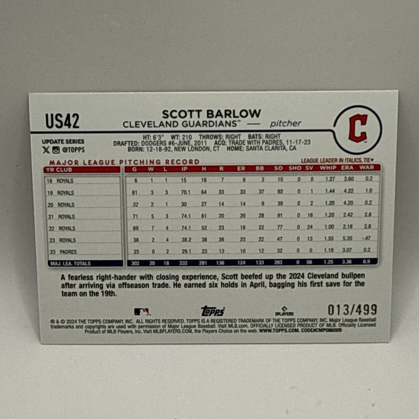 2024 Topps Update Series - Scott Barlow #US42 Green Crackle Foilboard /499 MLB