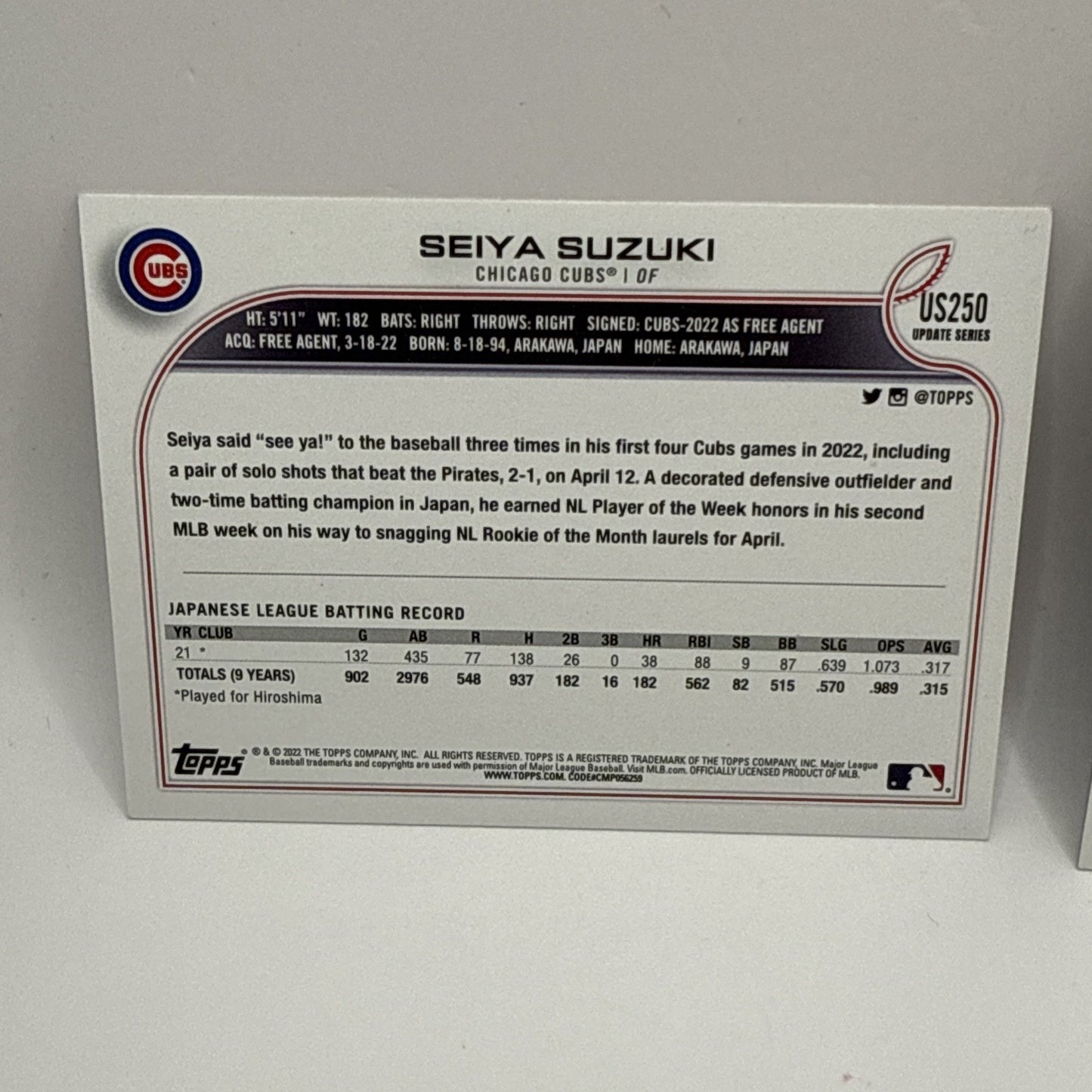 2022 Seiya Suzuki Topps Update #250 Variation SP - Short Print - Rookie RC CUBS
