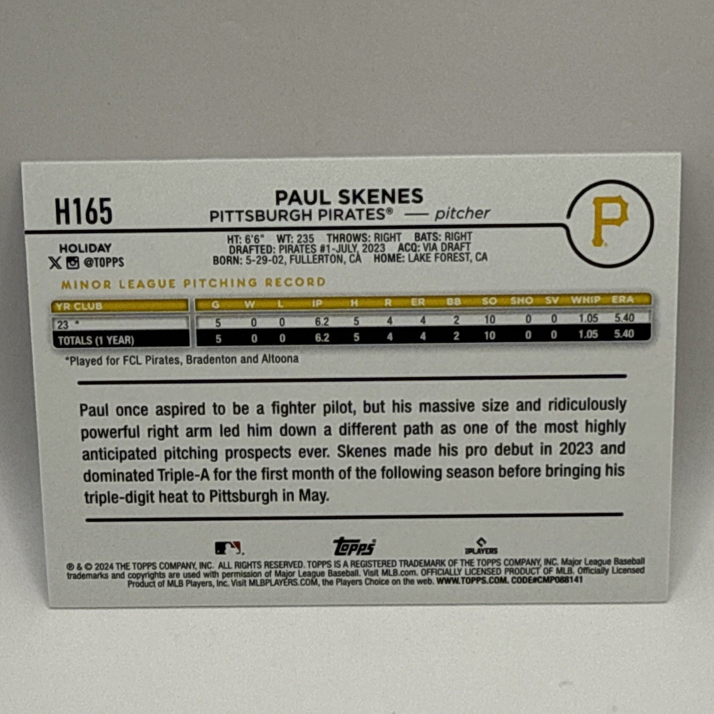 2024 Topps Holiday - #H165 Paul Skenes (RC) MLB Rookie Pirates Baseball Card