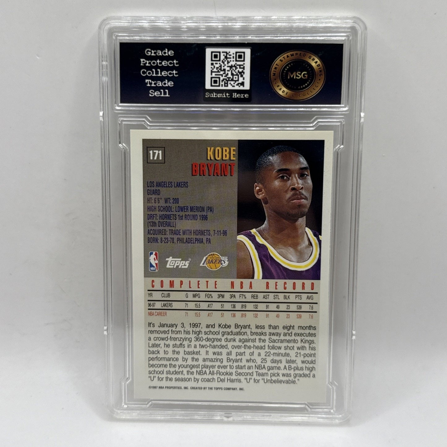 1997-Topps Kobe Bryant #171 Los Angeles Lakers 2nd Year Basketball Card Graded 8