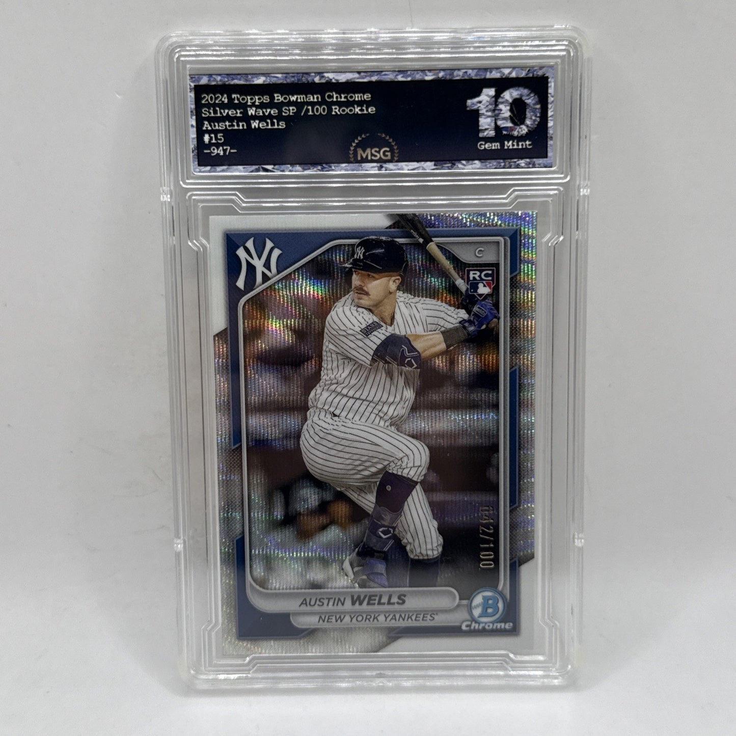 2024 Bowman Chrome AUSTIN WELLS Silver Wave Rookie SP /100 YANKEES Graded 10 Gem