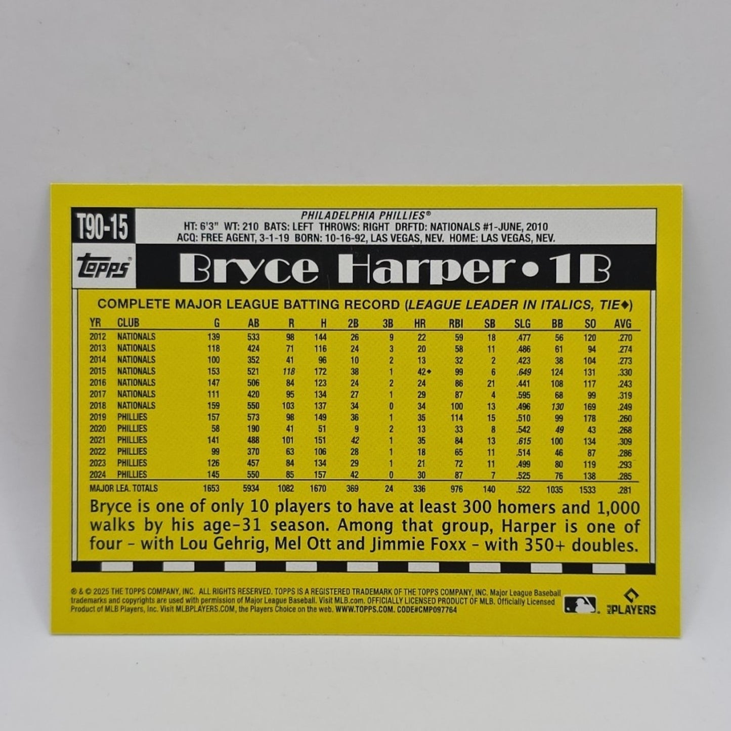 2025 Topps Series 1 Bryce Harper 35th Anniversary 1990 #T90-15 Phillies