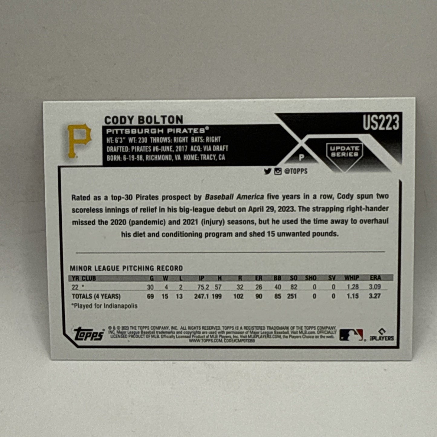 2023 Topps Update #US223 Cody Bolton Jack O'Lantern Foil (RC) Pirates MLB