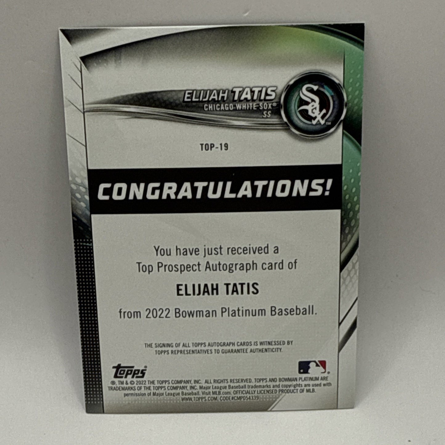 2022 Bowman Platinum, Bowman Prospect, Elijah Tatis Auto MLB White Sox