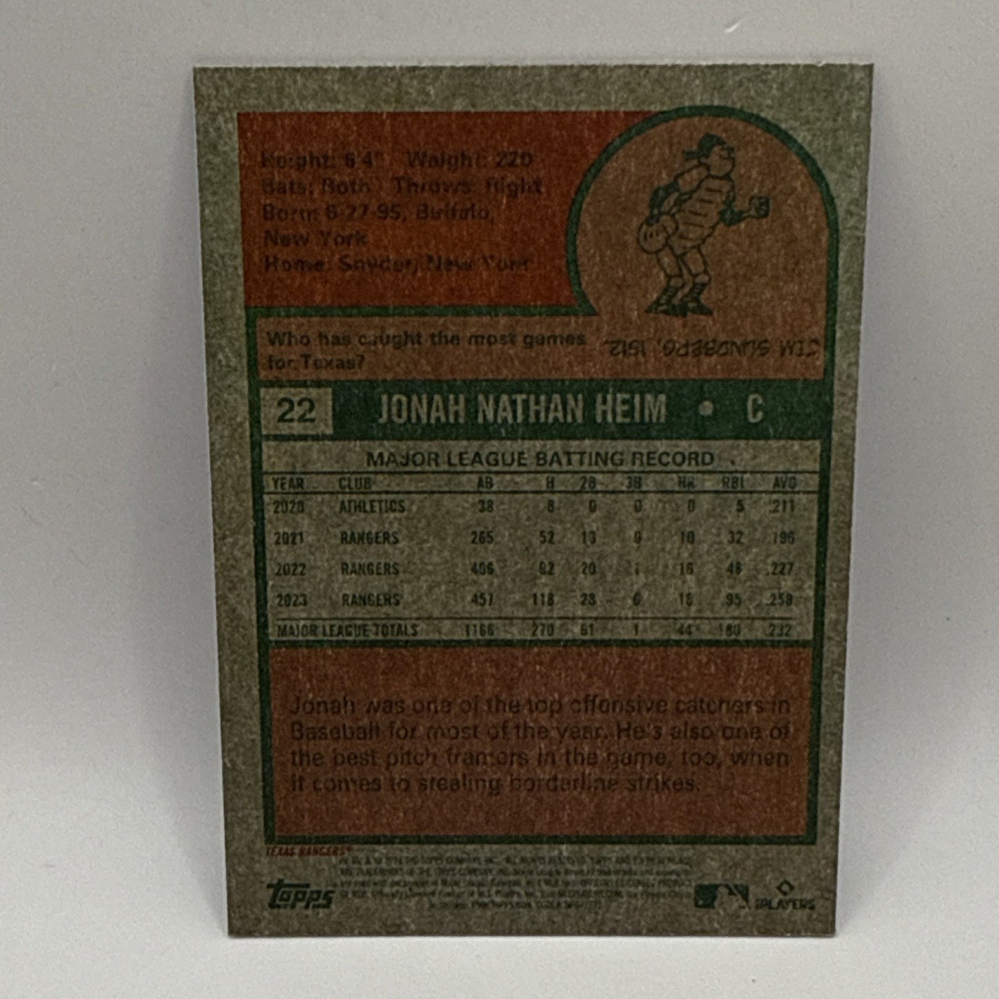 2024 TOPPS HERITAGE CHROME Jonah Heim Blue Sparkle #22 TEXAS RANGERS