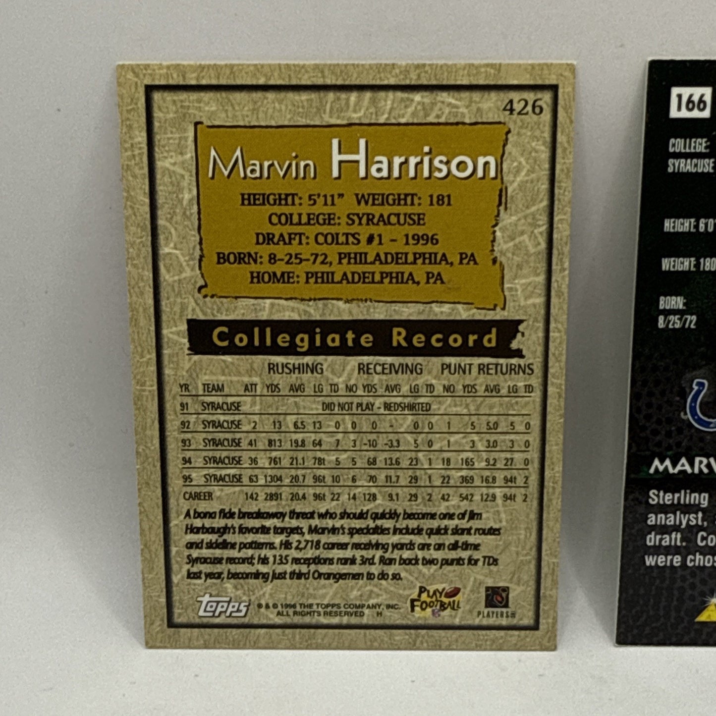 1996 TOPPS FOOTBALL ROOKIE #426 MARVIN HARRISON RC INDIANAPOLIS COLTS 2 CARD